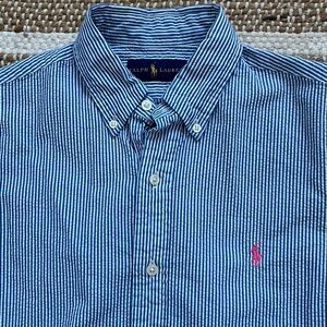 Polo Ralph Lauren Men’s Small Blue Striped Seersucker Short Sleeve Button Down
